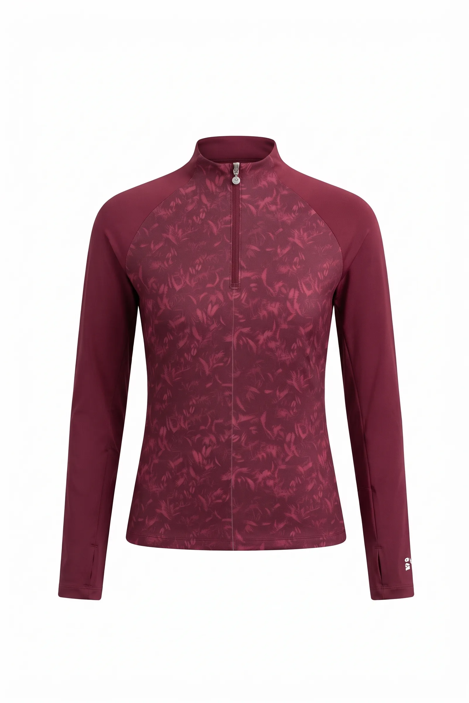 Burgundy palm print half-zip, front view, development reference