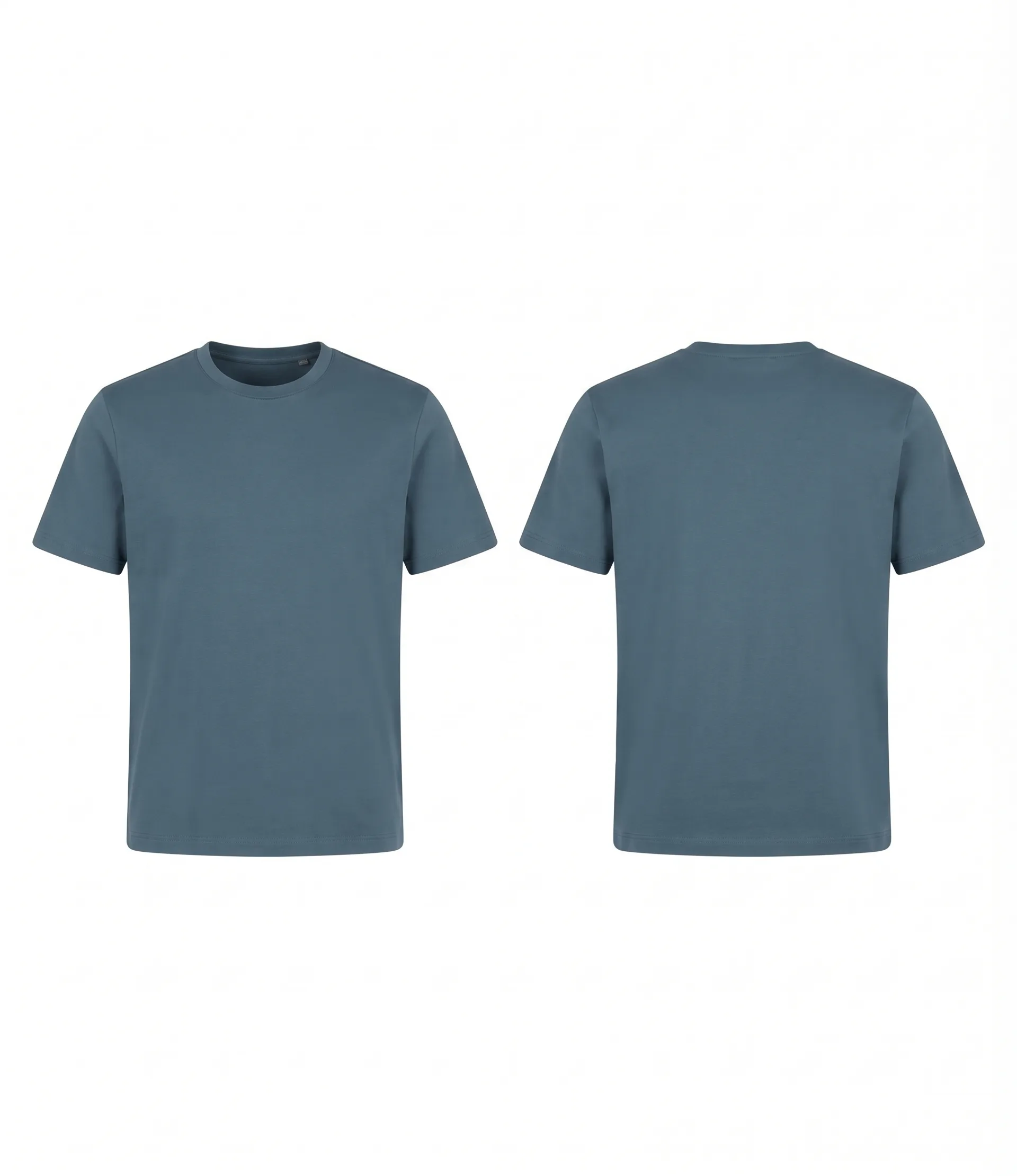 Dusty blue crew tee, back view, development reference