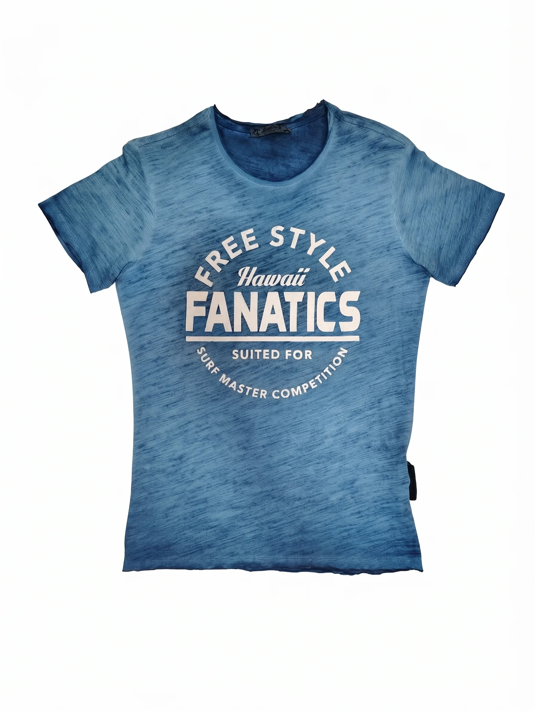 Faded blue graphic tee, front view, development reference