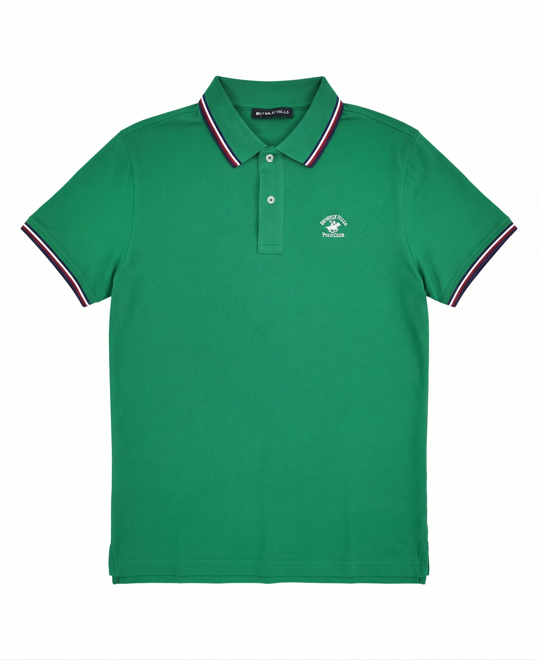 Green striped-collar polo, front view, development reference