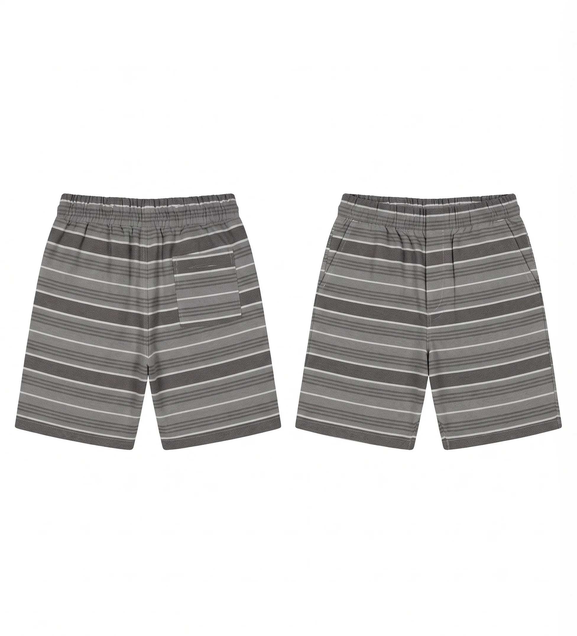 Grey stripe elastic shorts, back view, development reference