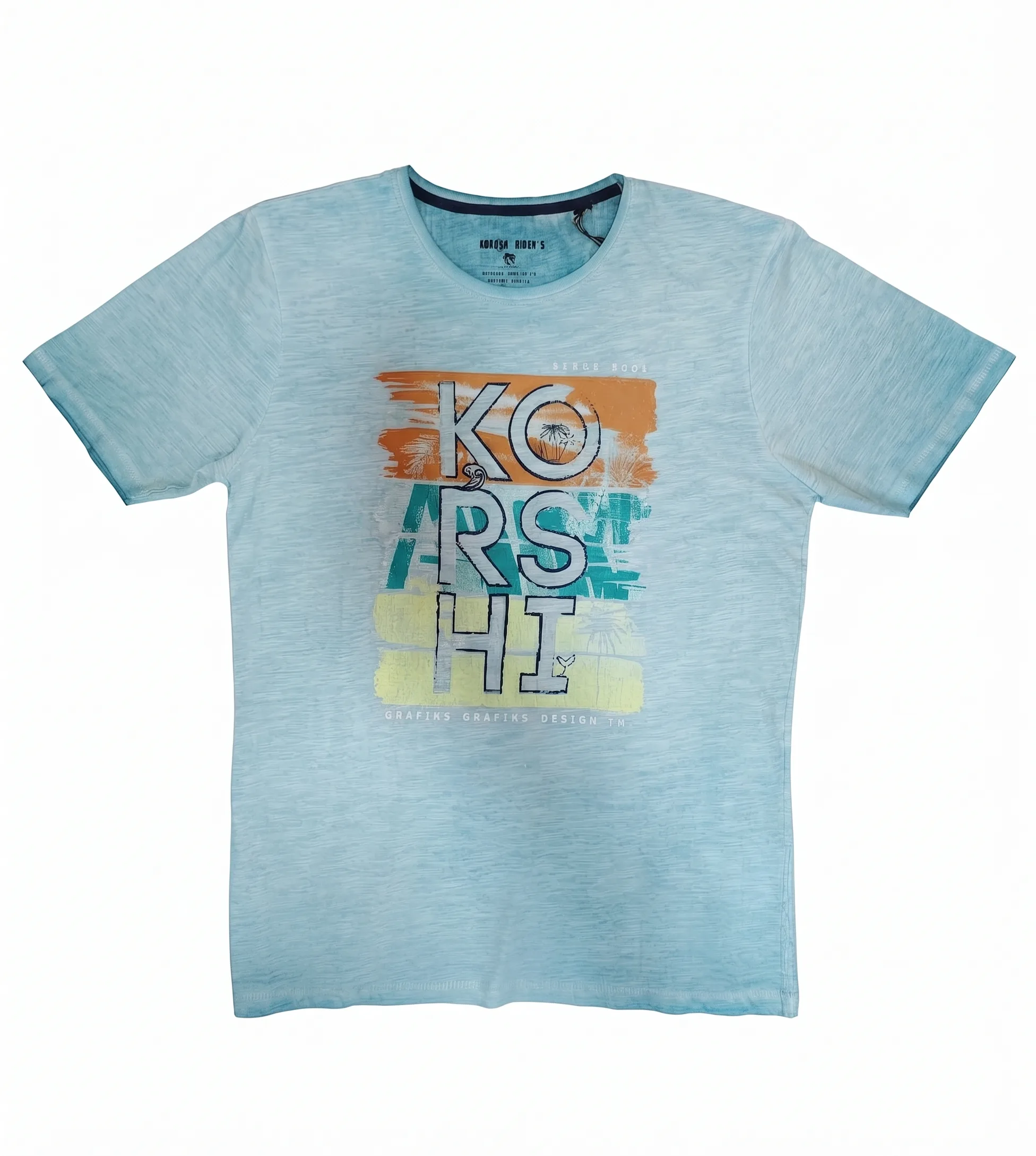 Light blue block graphic tee, front view, development reference