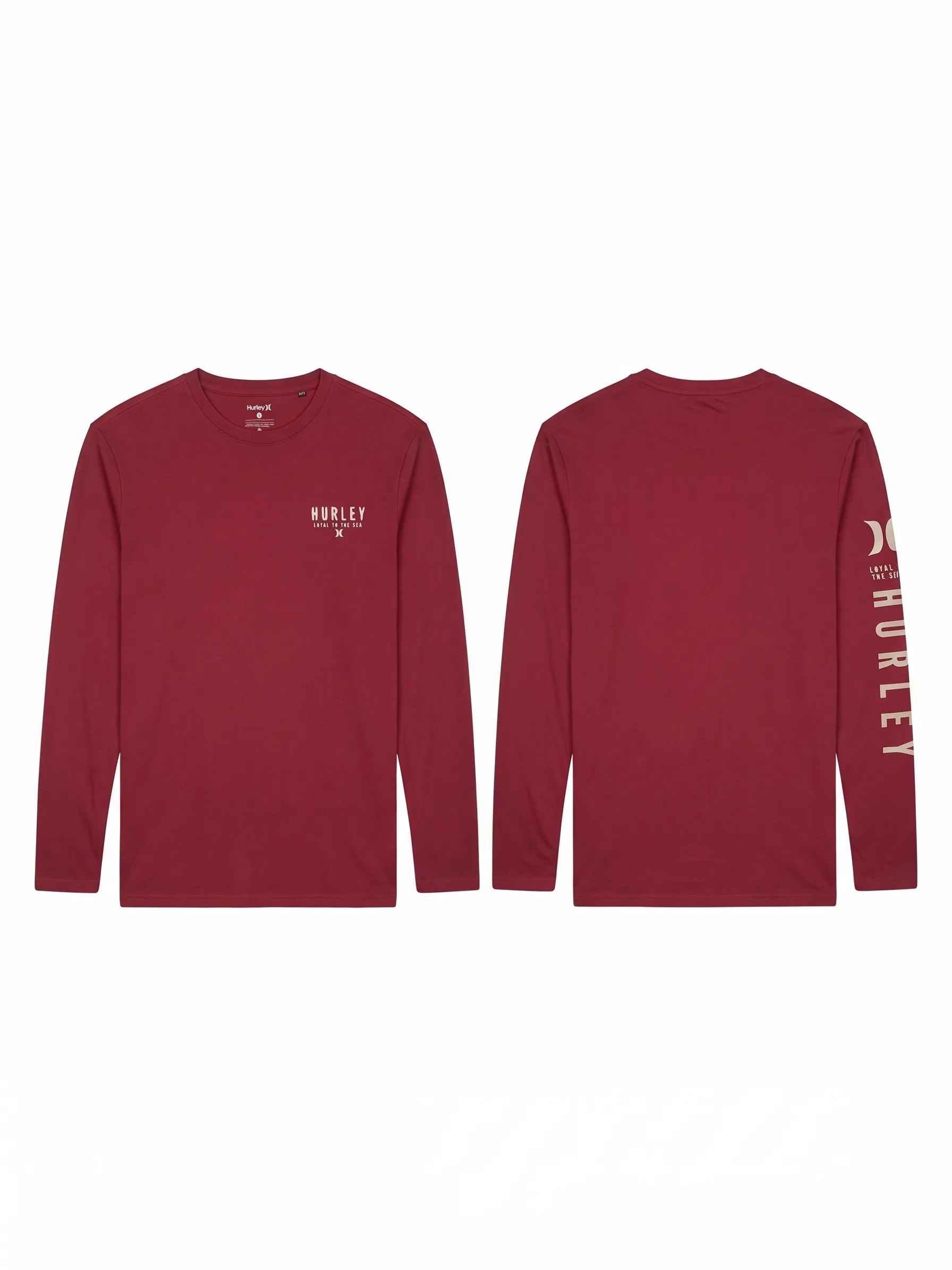Maroon long-sleeve tee, back view, development reference