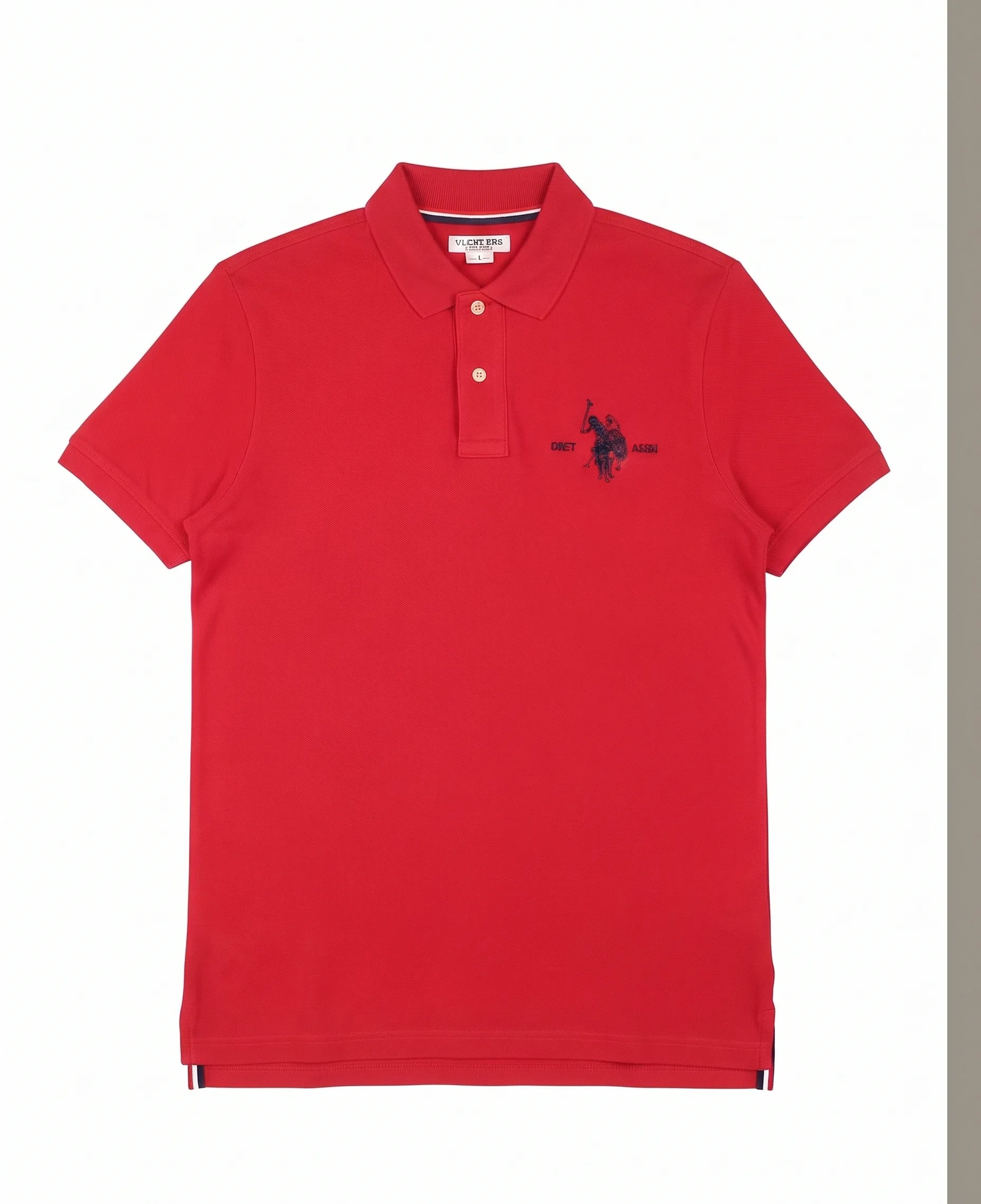 Red embroidered pique polo, front view, development reference