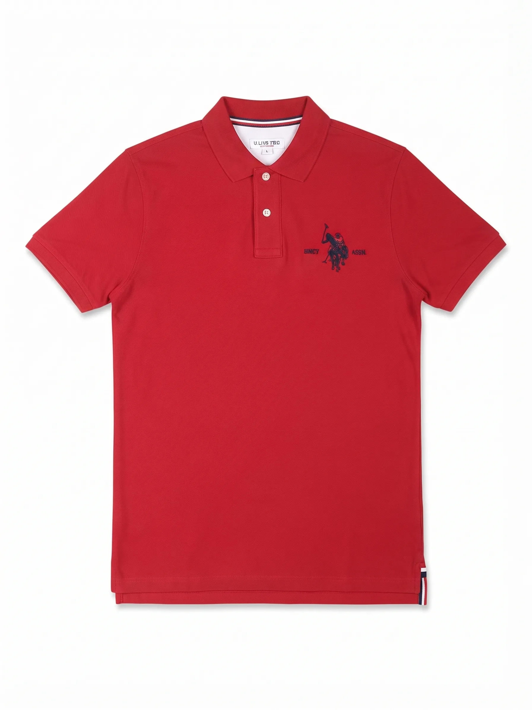 Red pique polo, front view, development reference