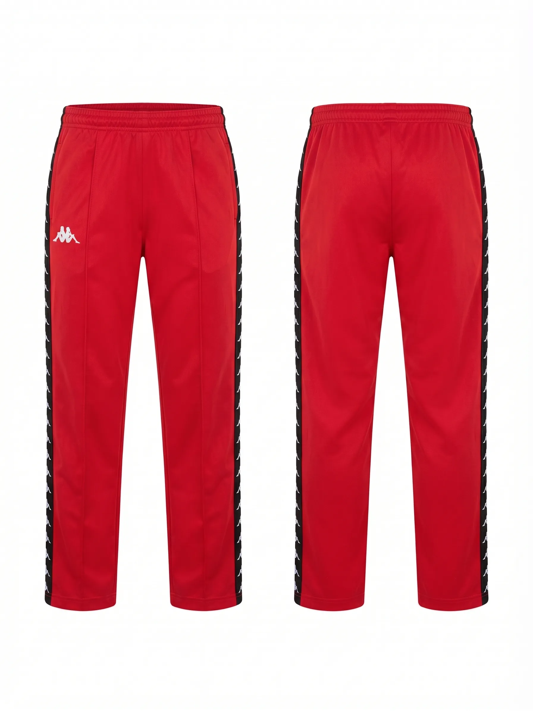 Red stripe track pants, back view, development reference