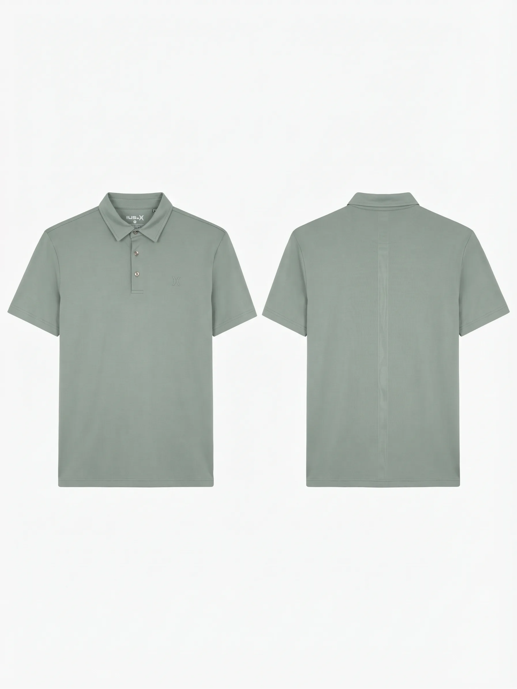 Sage center-seam polo, back view, development reference