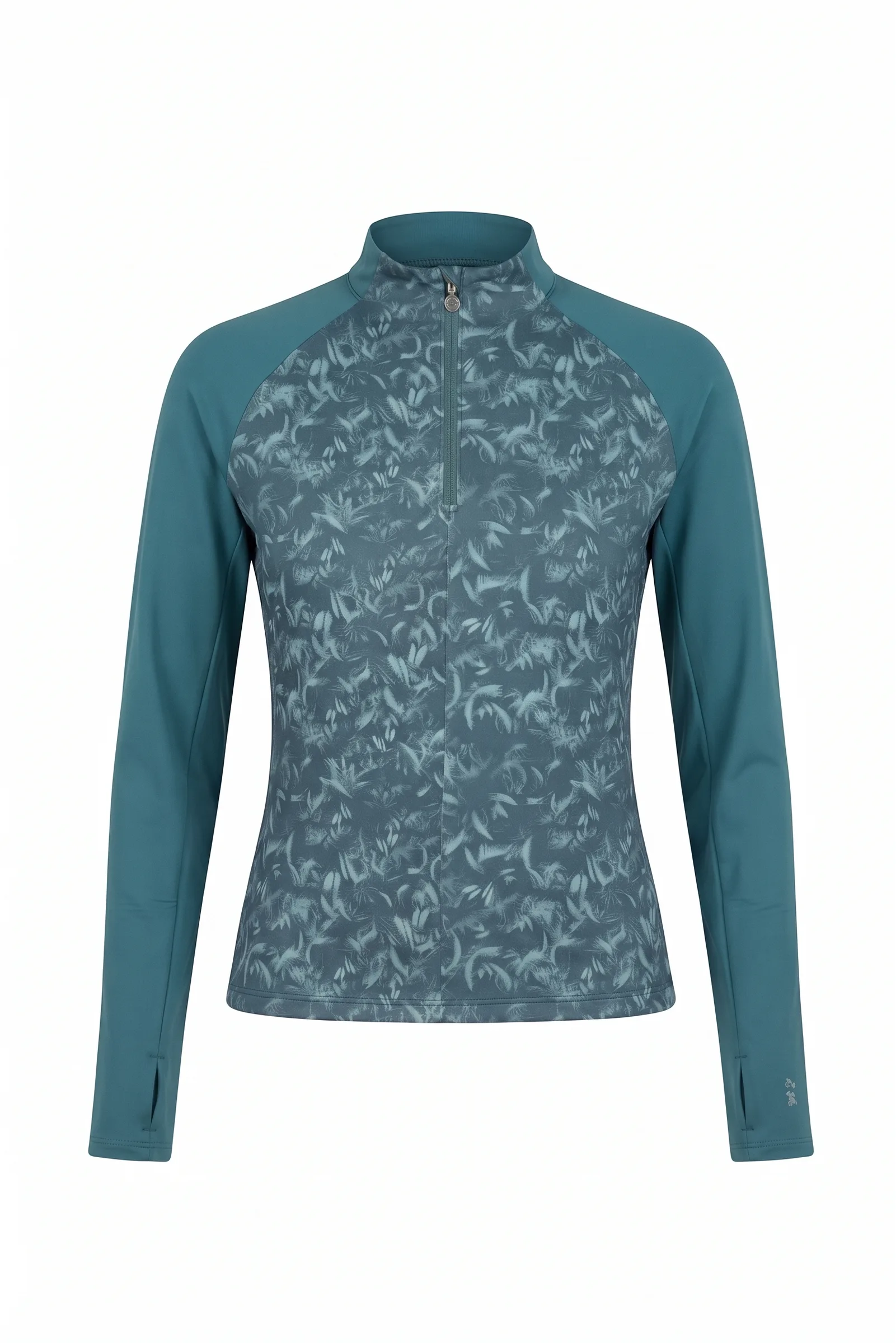 Teal feather print quarter-zip, front view, development reference