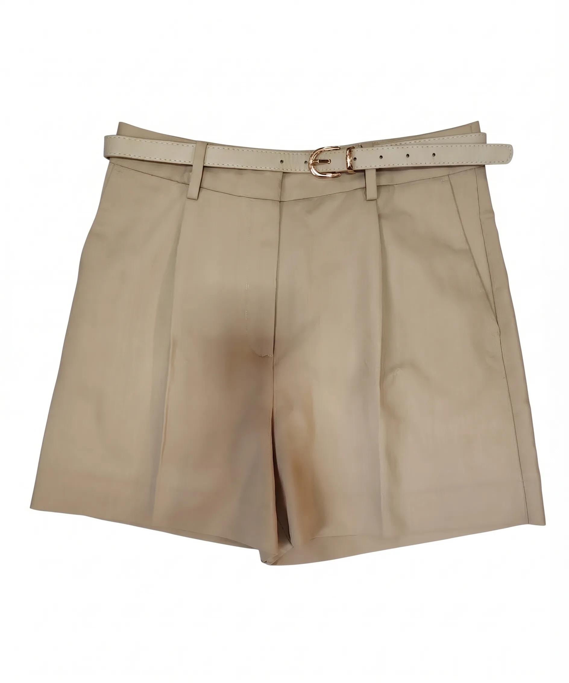 Beige pleated shorts, front view, development reference