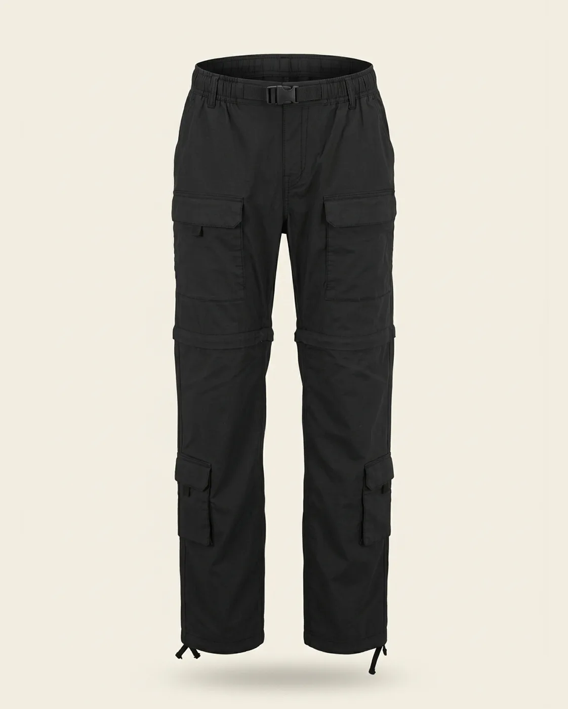 Black cargo pants, front view, development reference