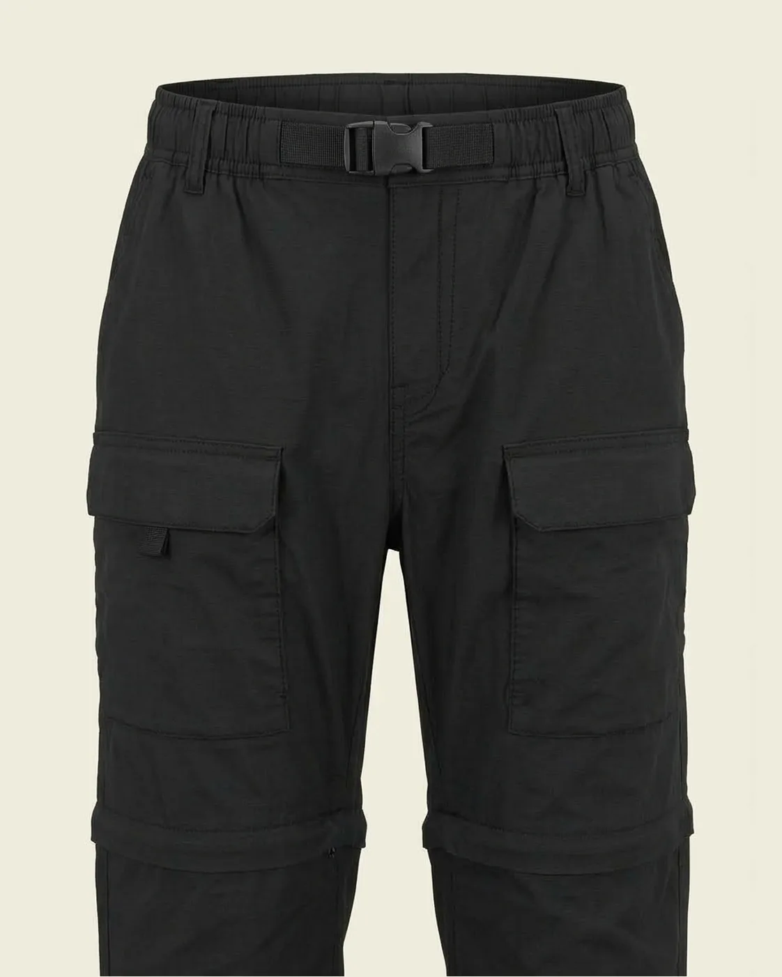 Black cargo pants, construction detail, development reference