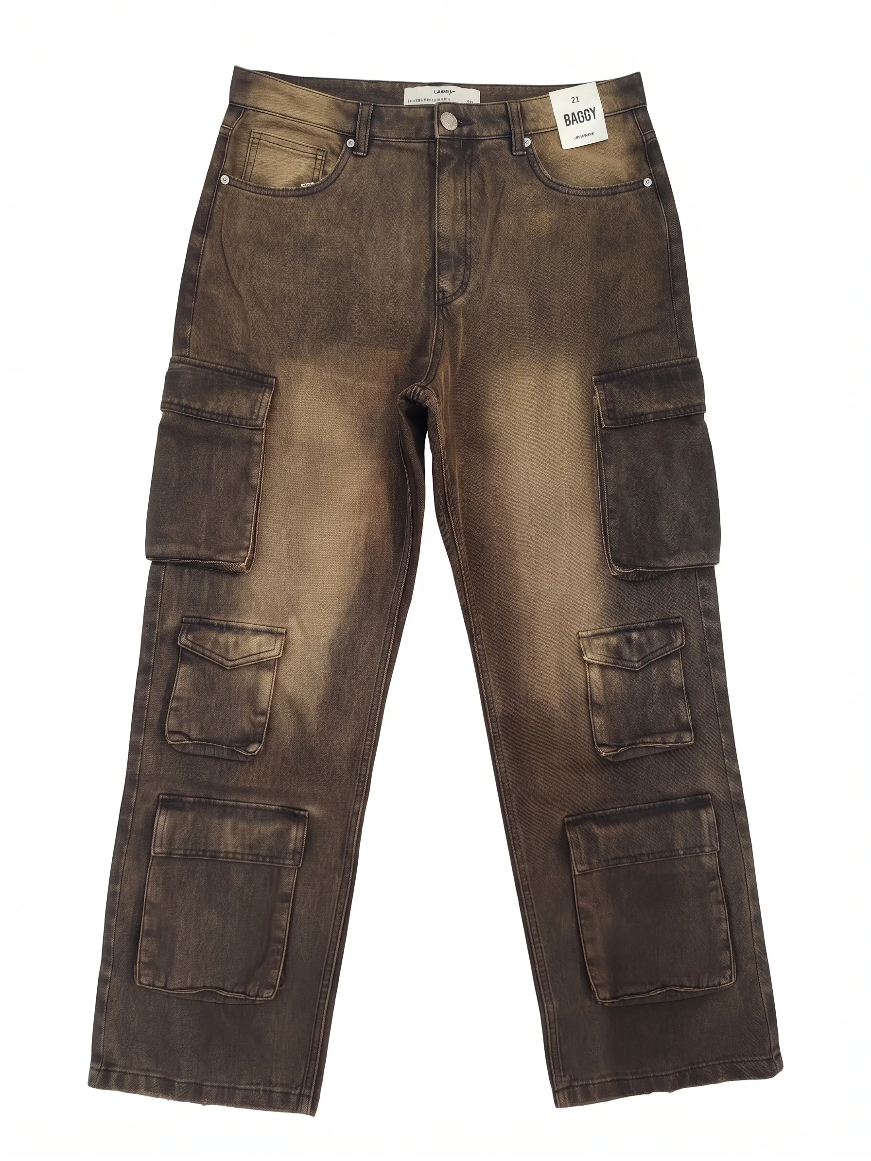 Brown baggy cargo pants, front view, development reference