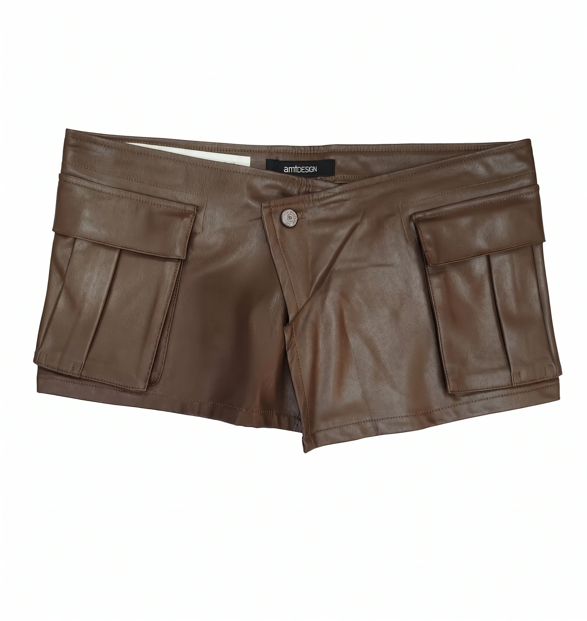Brown leather-look cargo shorts, front view, development reference
