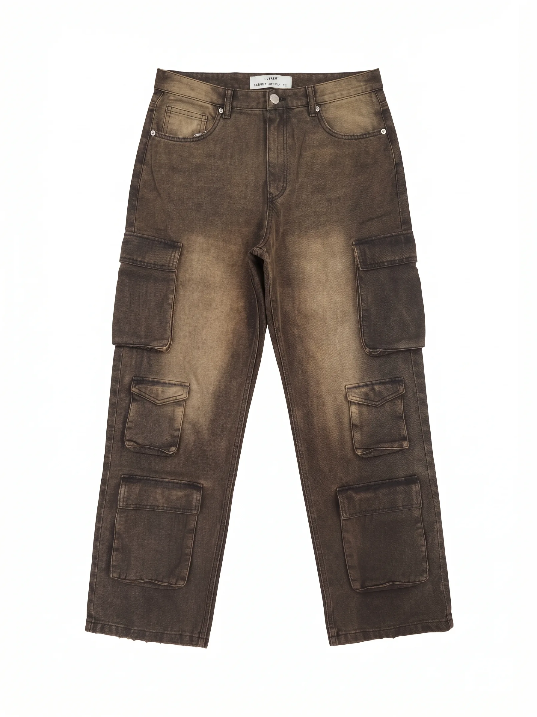 Brown vintage cargo pants, front view, development reference