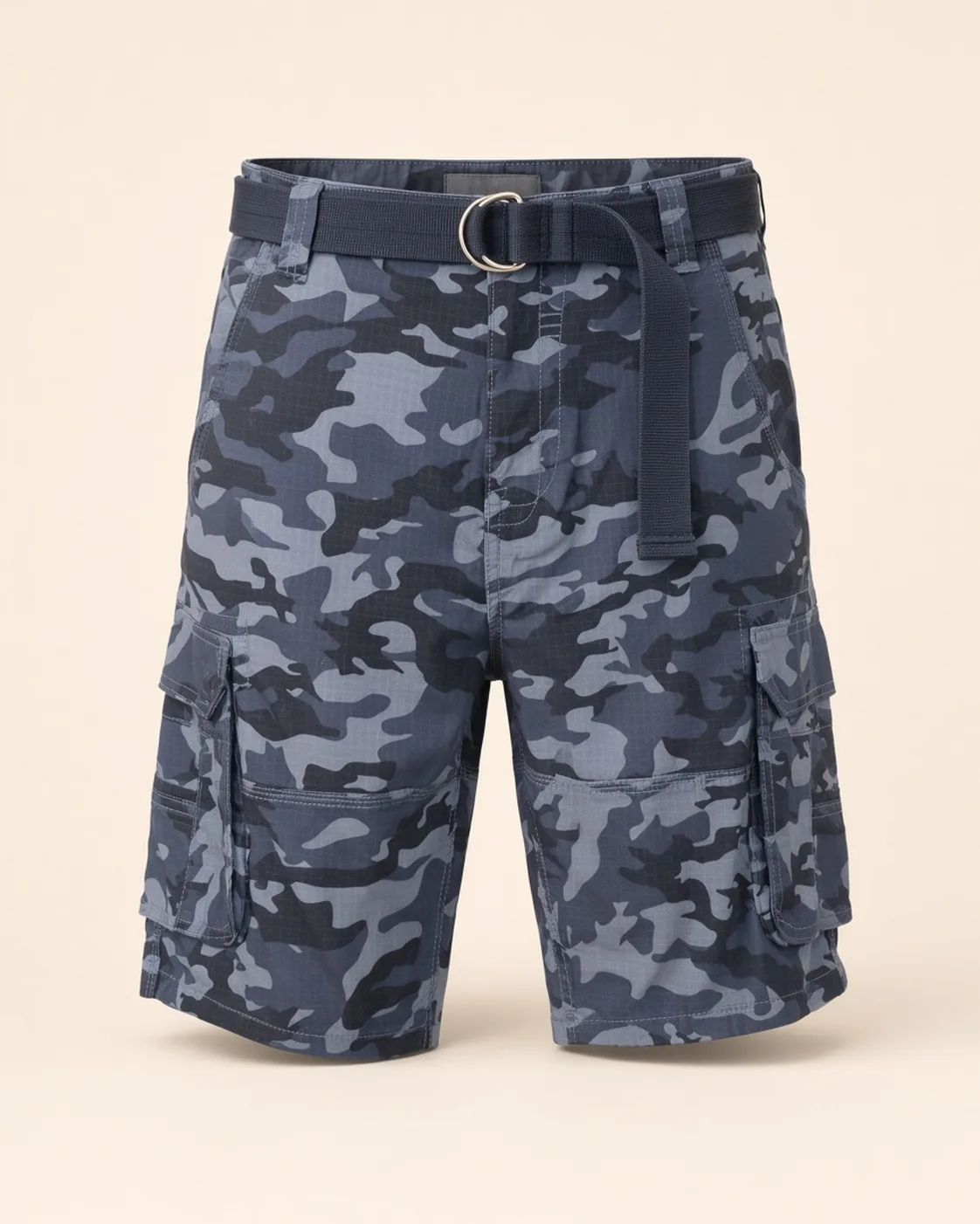 Camouflage cargo shorts, front view, development reference