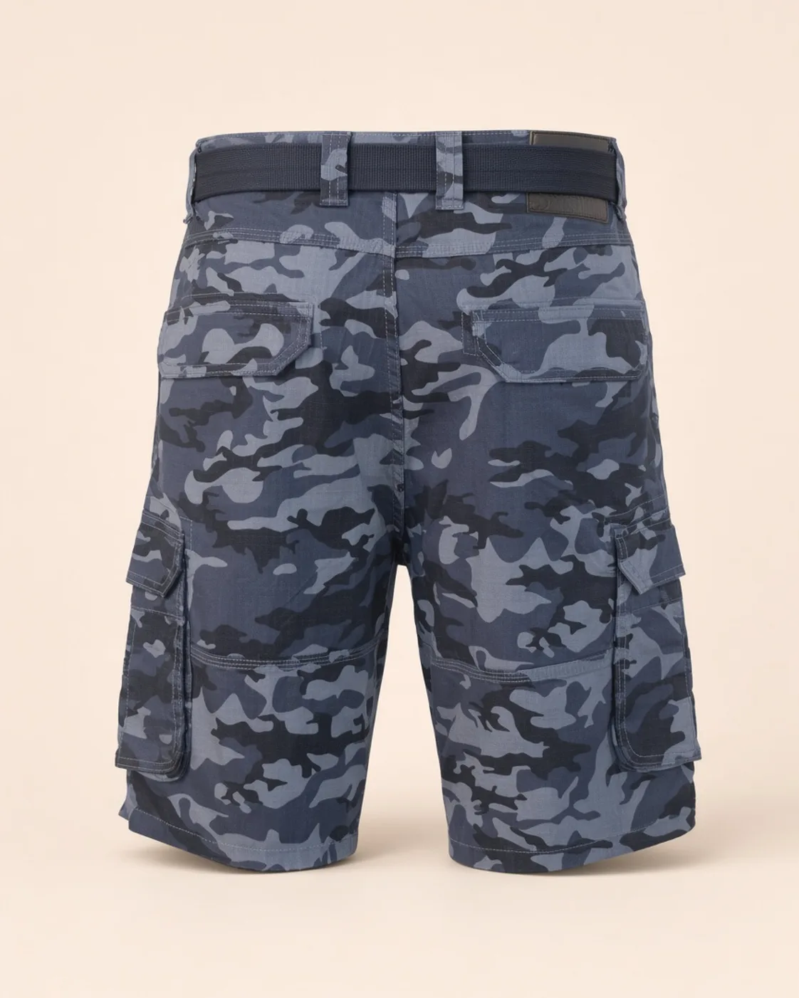 Camouflage cargo shorts, back view, development reference