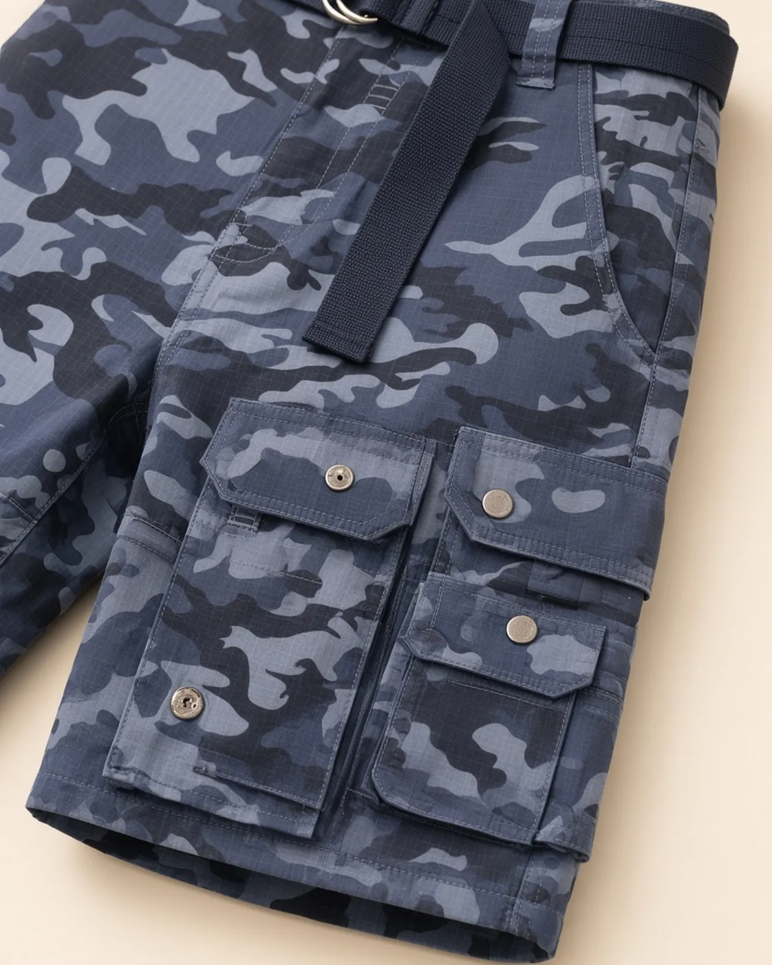 Camouflage cargo shorts, construction detail, development reference