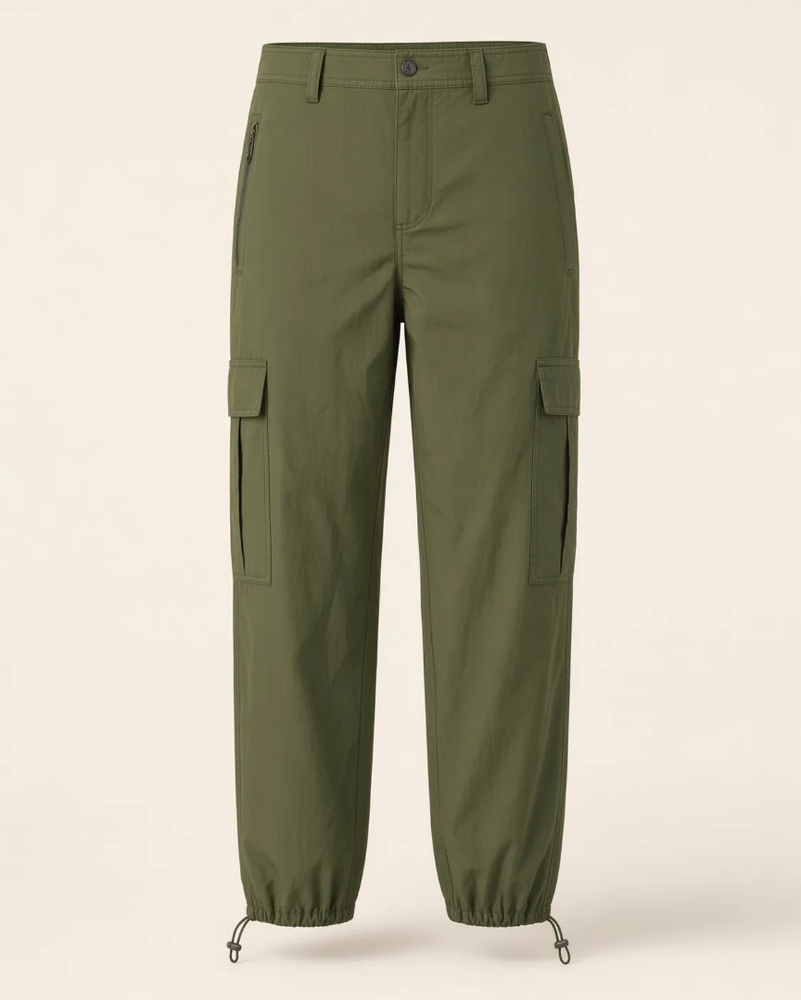 Olive cargo pants, front view, development reference