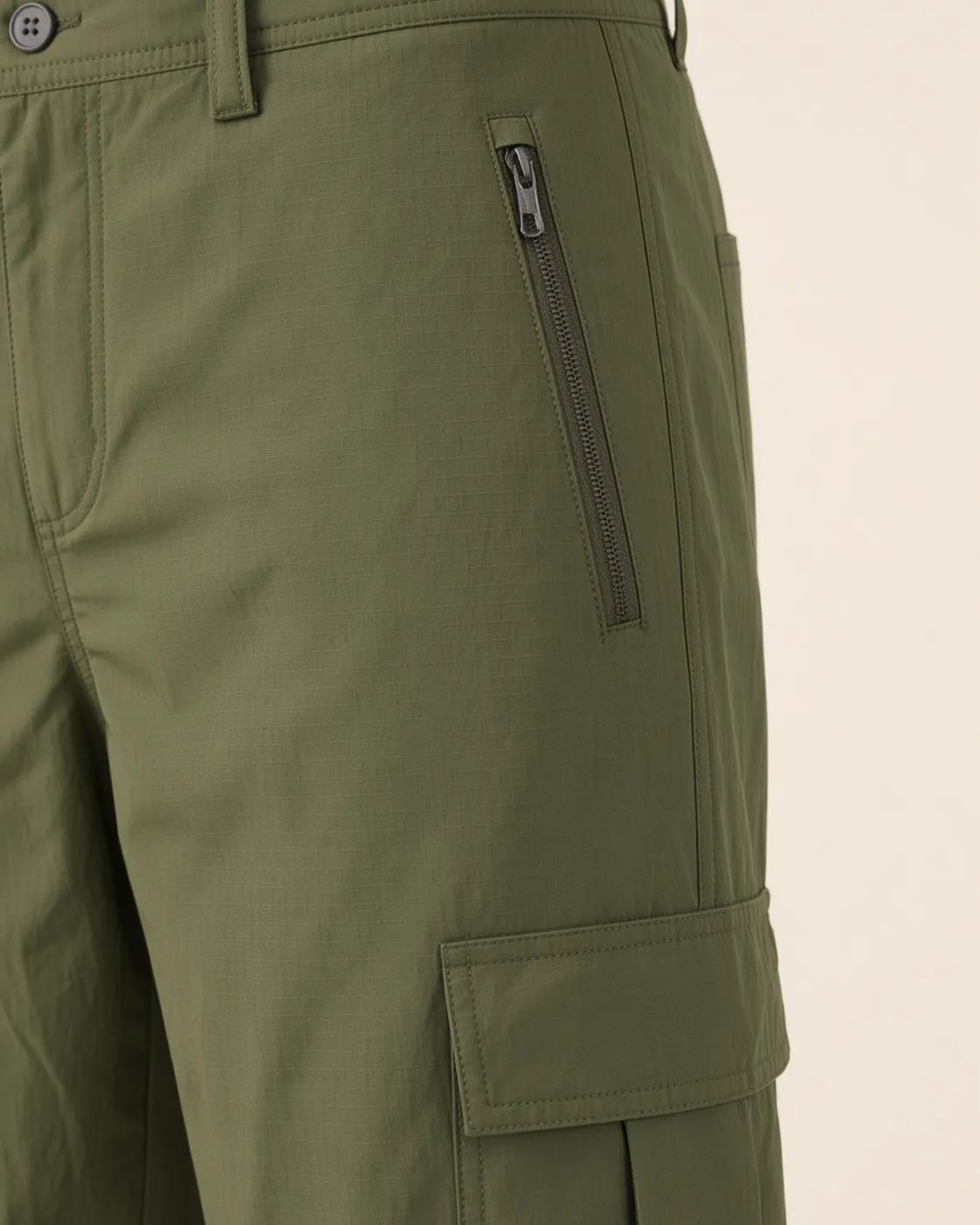 Olive cargo pants, construction detail, development reference