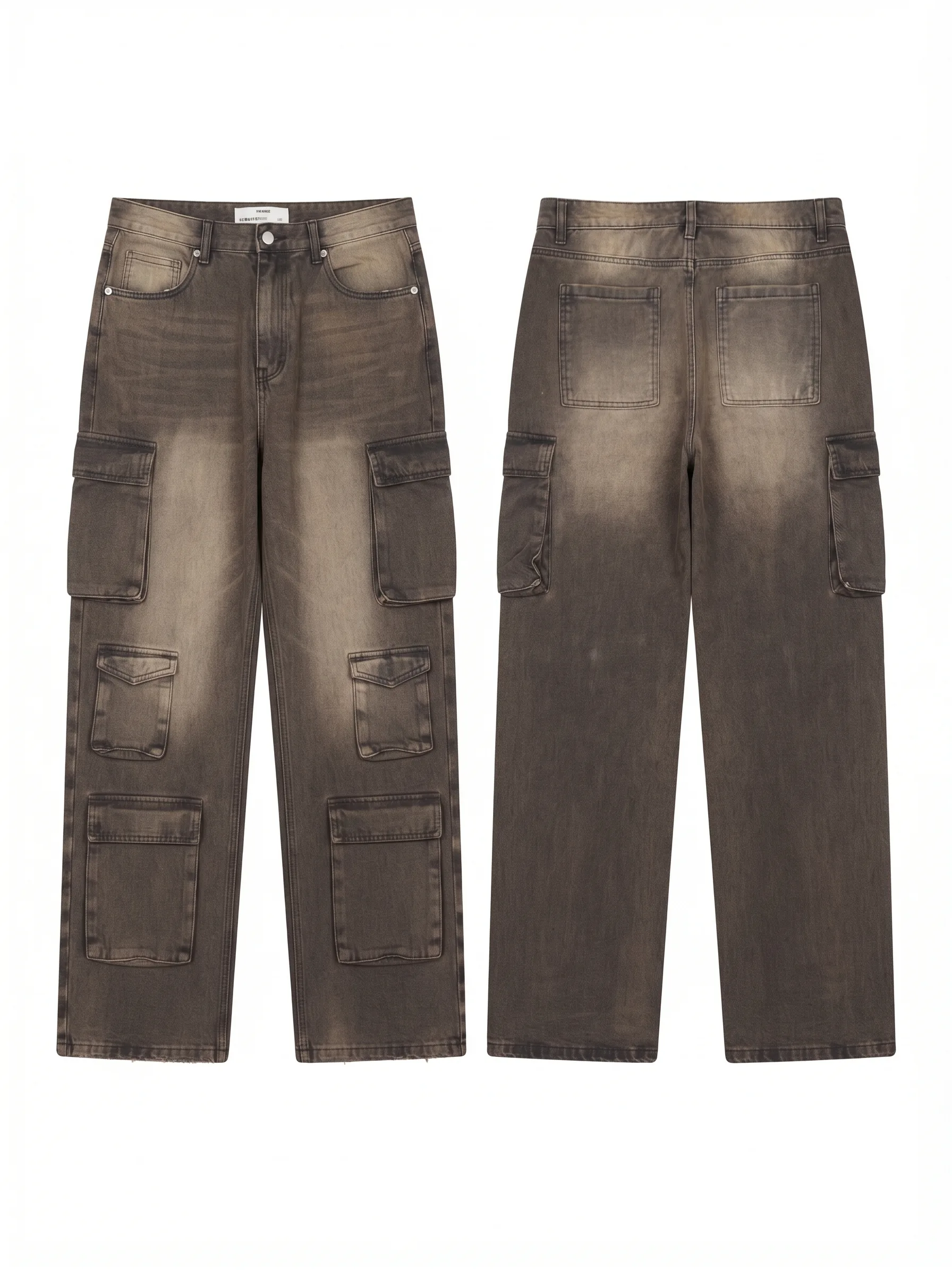 Vintage brown cargo pants, back view, development reference