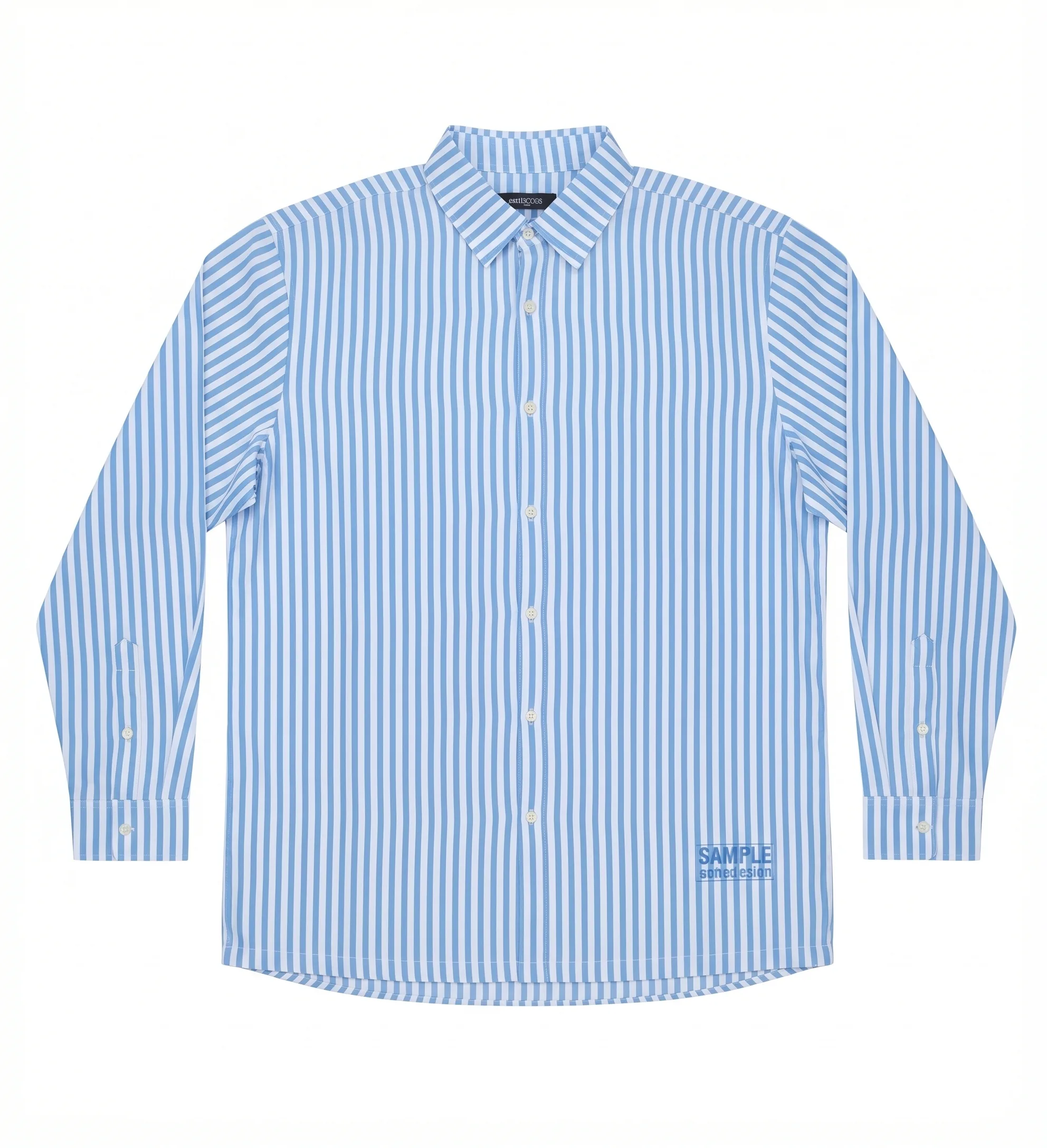 Blue stripe woven shirt, front view, development reference