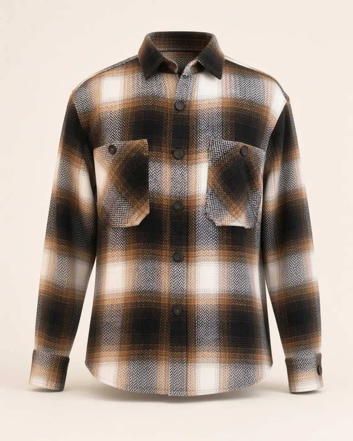 Brown black plaid overshirt, front view, development reference