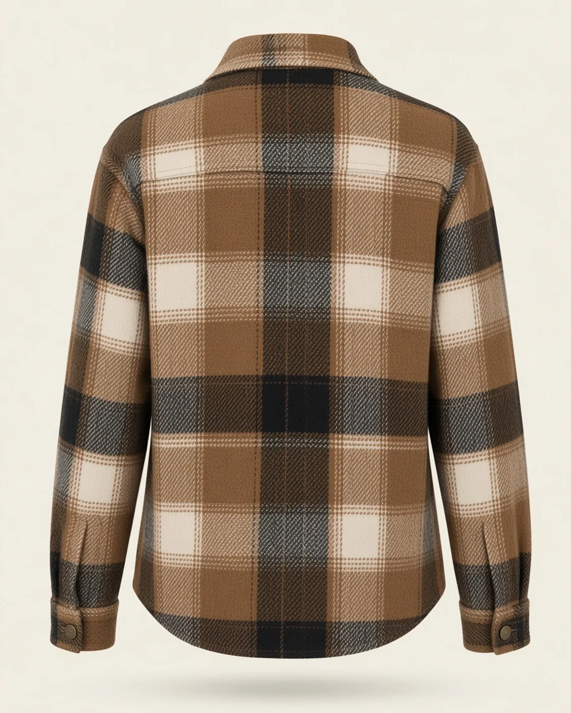 Brown black plaid overshirt, back view, development reference