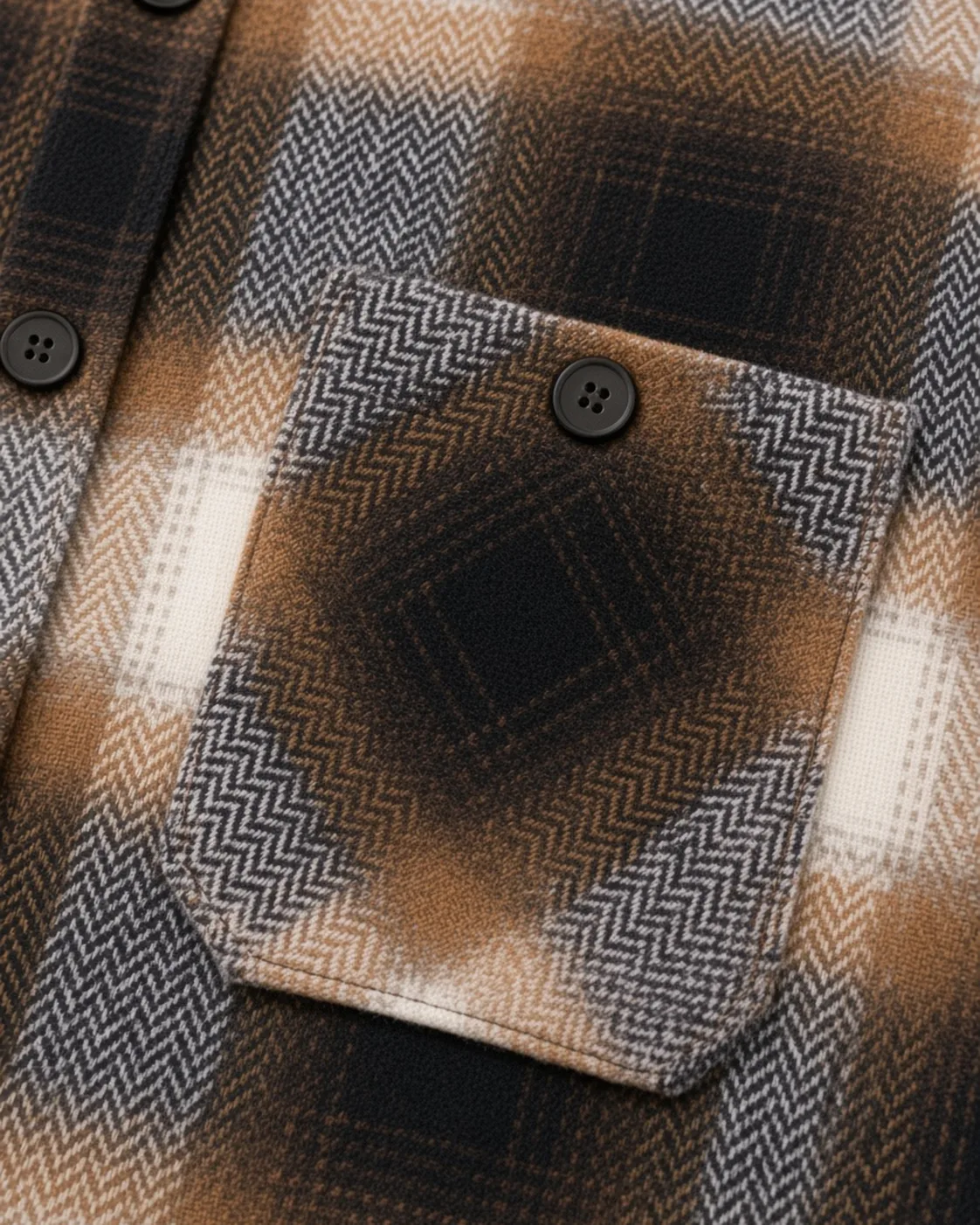 Brown black plaid overshirt, construction detail, development reference