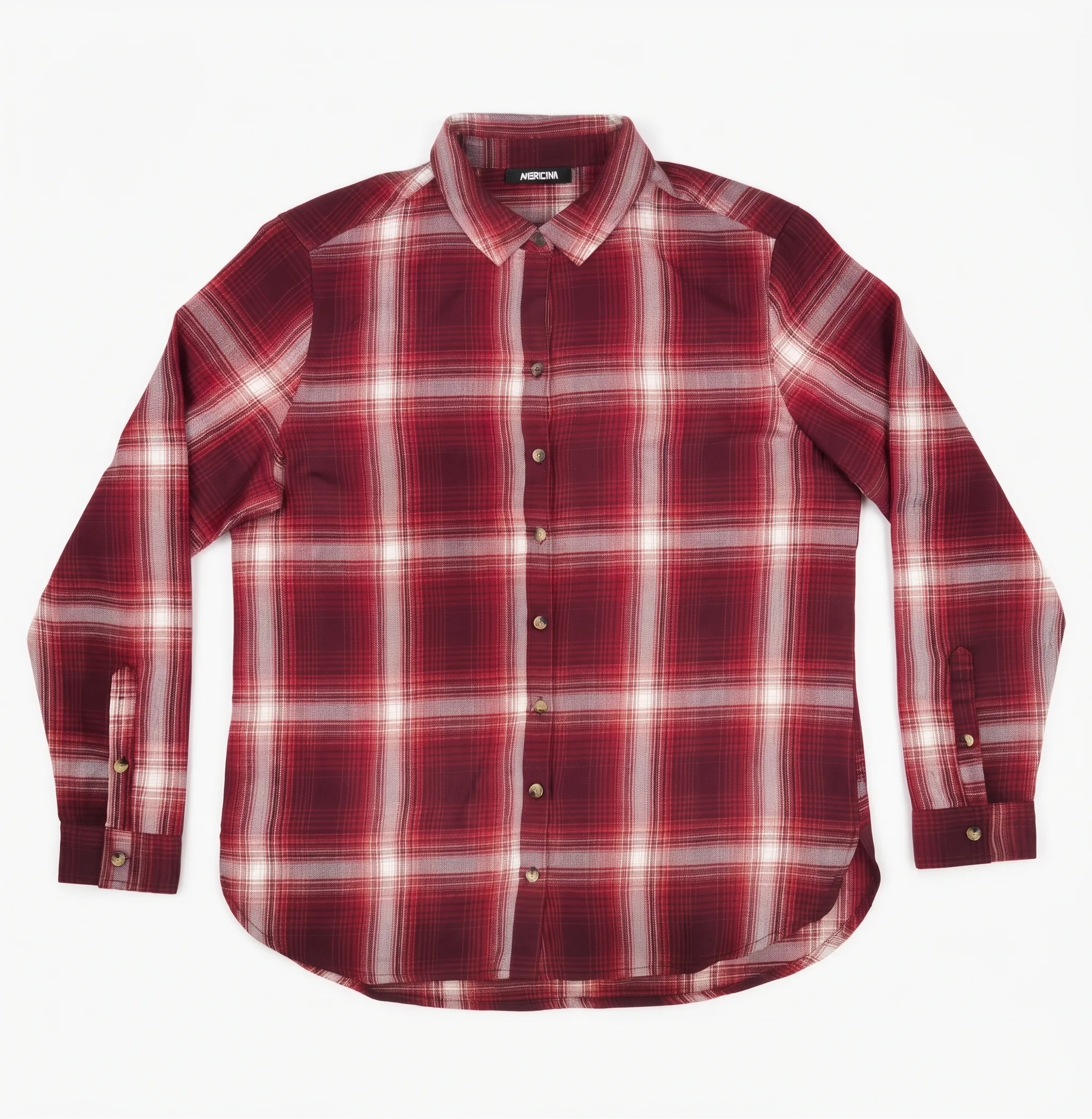 Red plaid woven shirt, front view, development reference