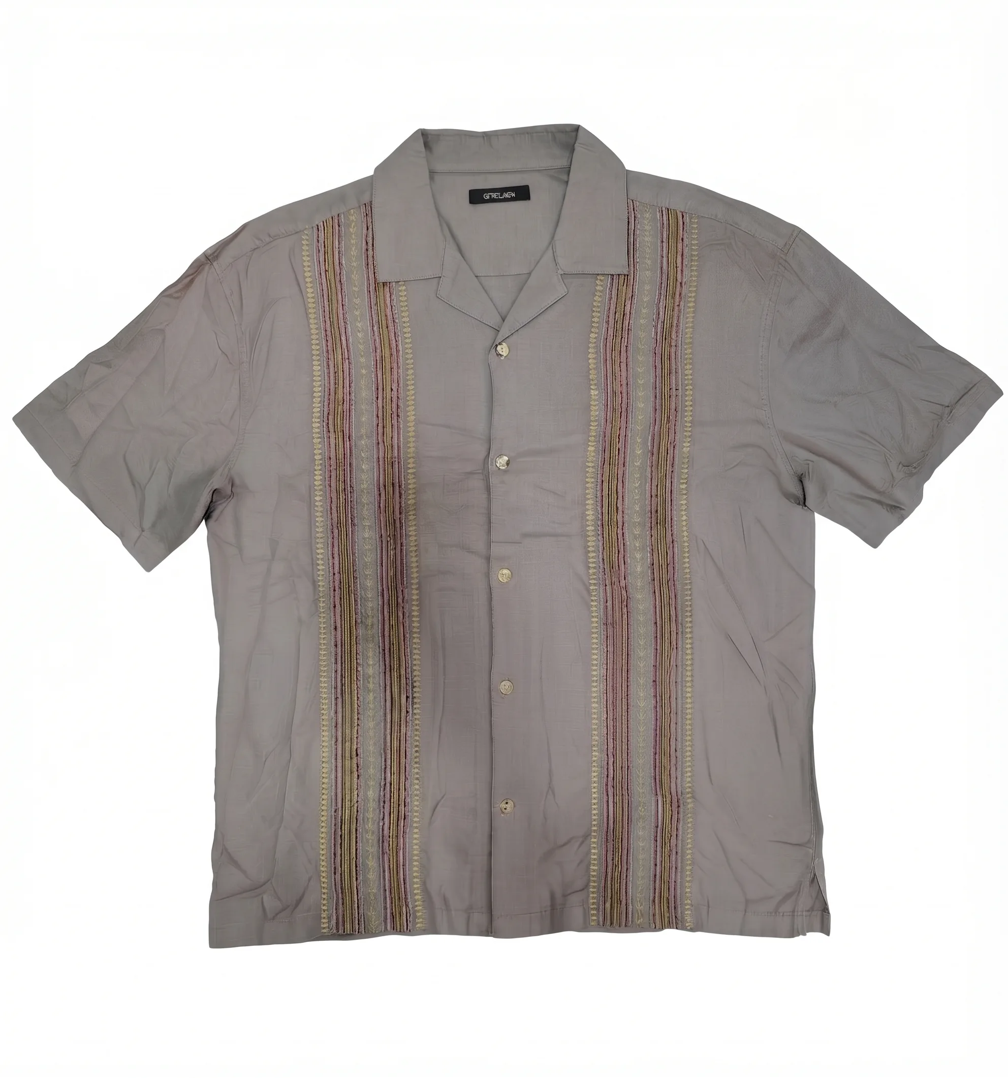 Taupe camp-collar shirt, front view, development reference
