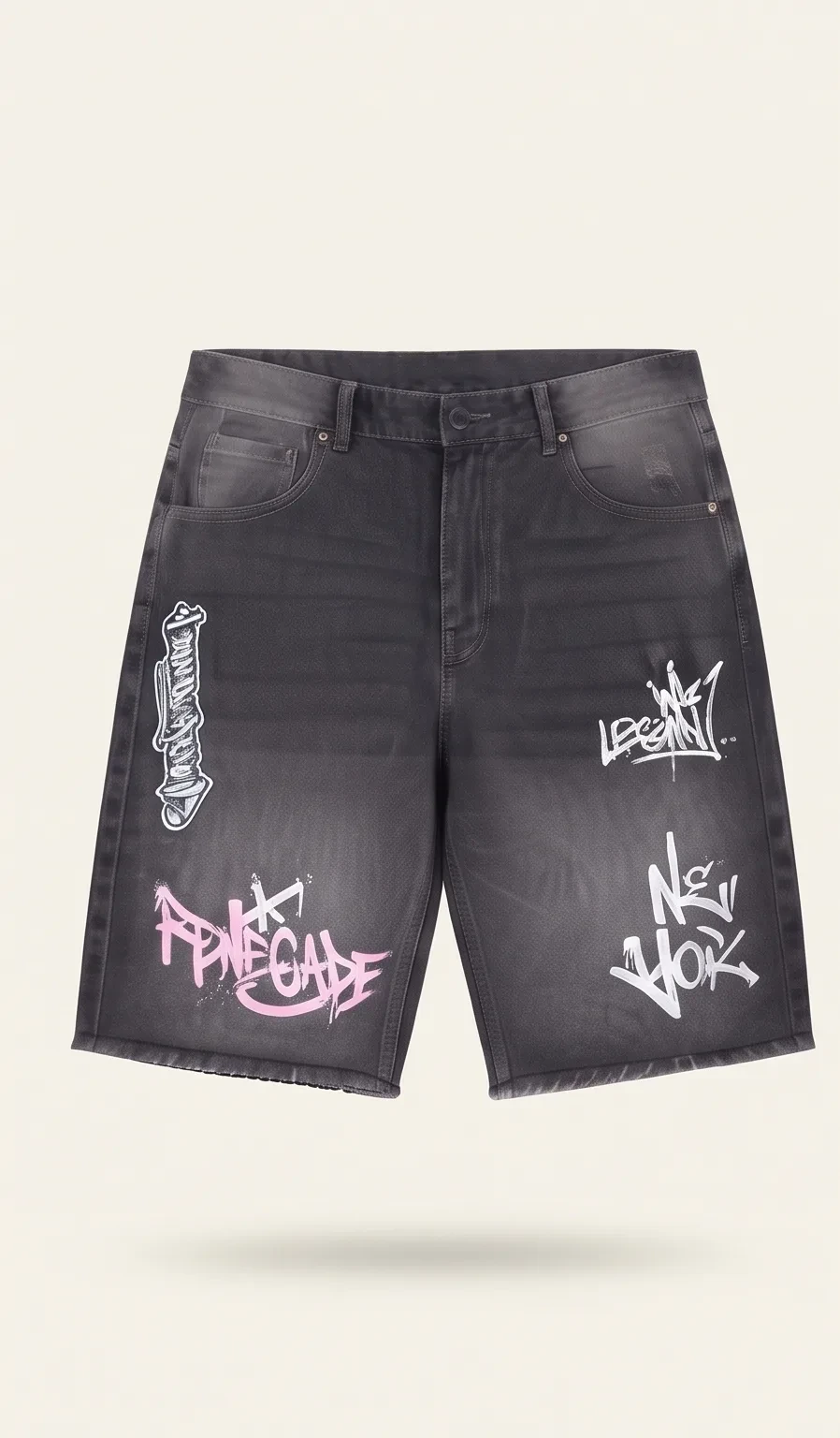 Black graffiti denim shorts, front view, development reference