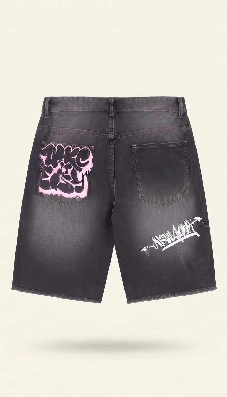 Black graffiti denim shorts, back view, development reference