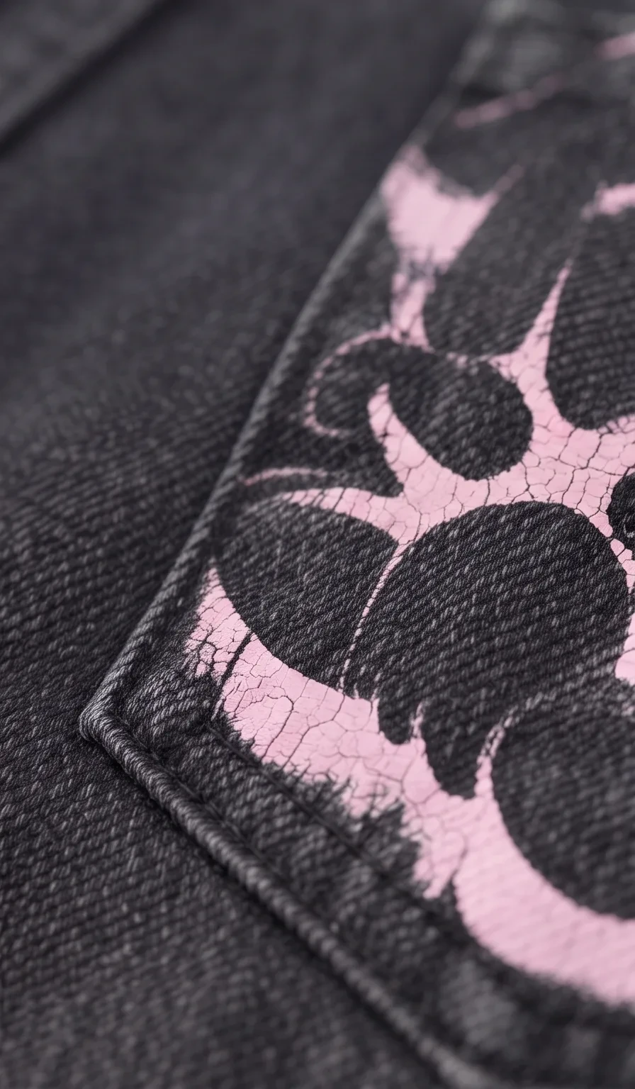 Black graffiti denim shorts, micro view, development reference