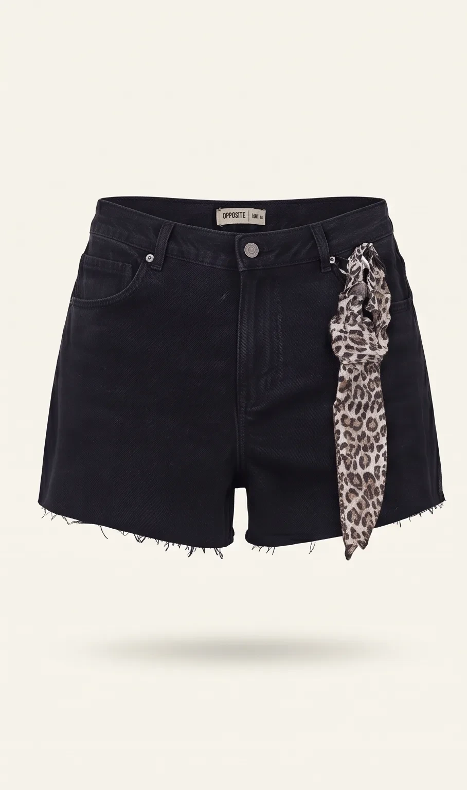 Black frayed denim shorts, front view, development reference
