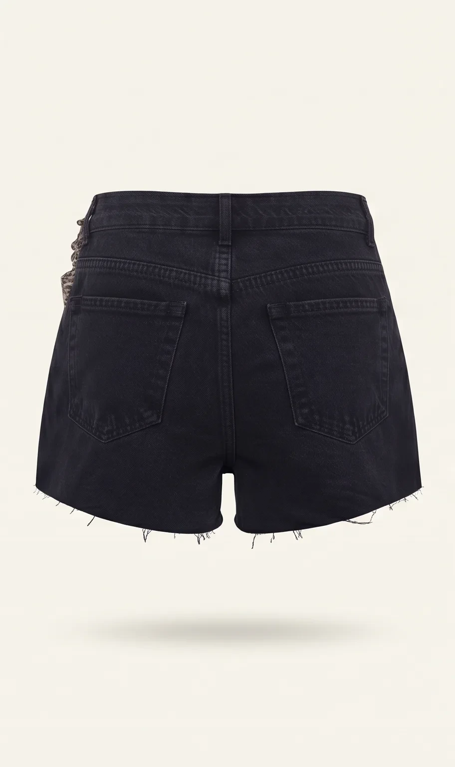 Black frayed denim shorts, back view, development reference