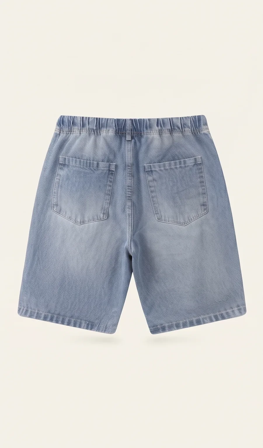 Drawstring denim shorts, back view, development reference