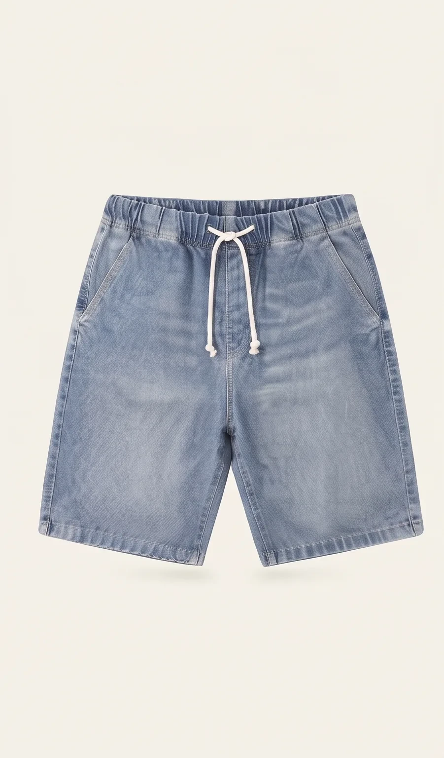 Drawstring denim shorts, front view, development reference