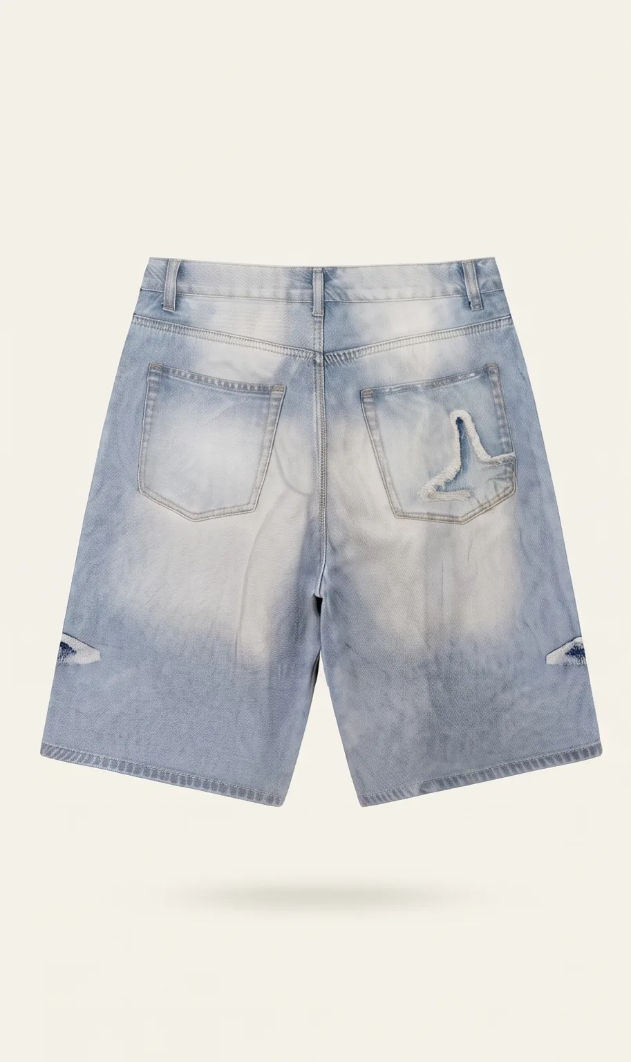 Light-wash star denim shorts, back view, development reference