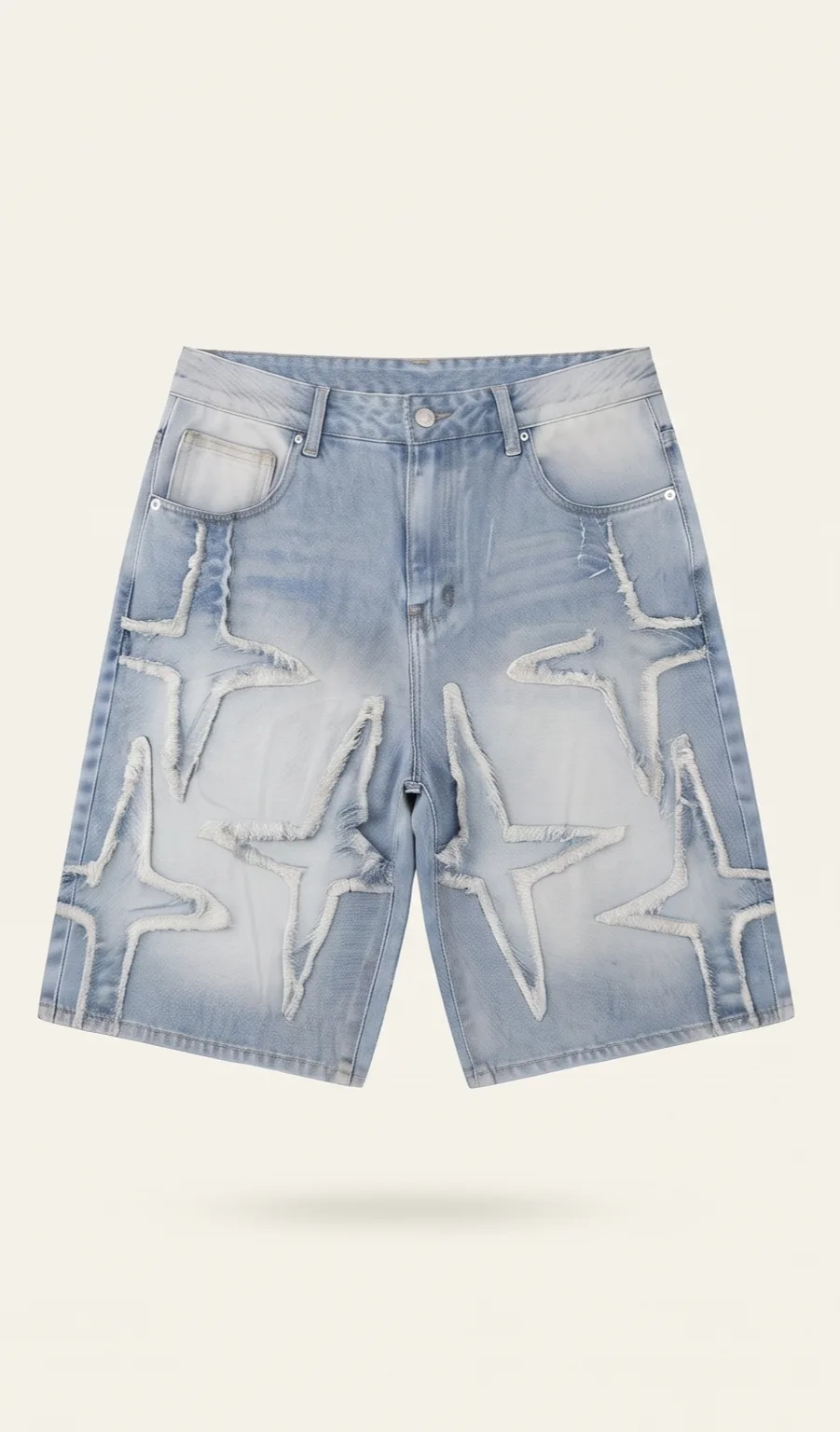 Light-wash star denim shorts, front view, development reference