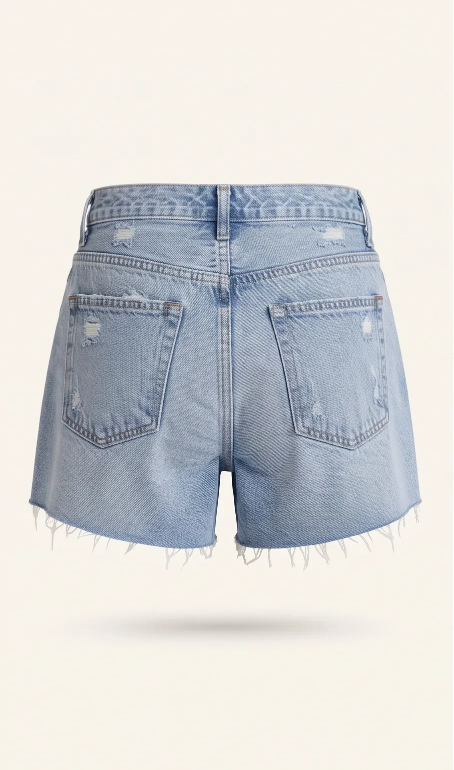 Fringe-hem denim shorts, back view, development reference
