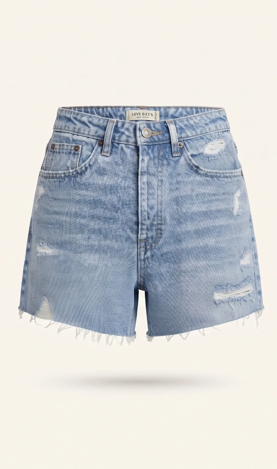 Fringe-hem denim shorts, front view, development reference