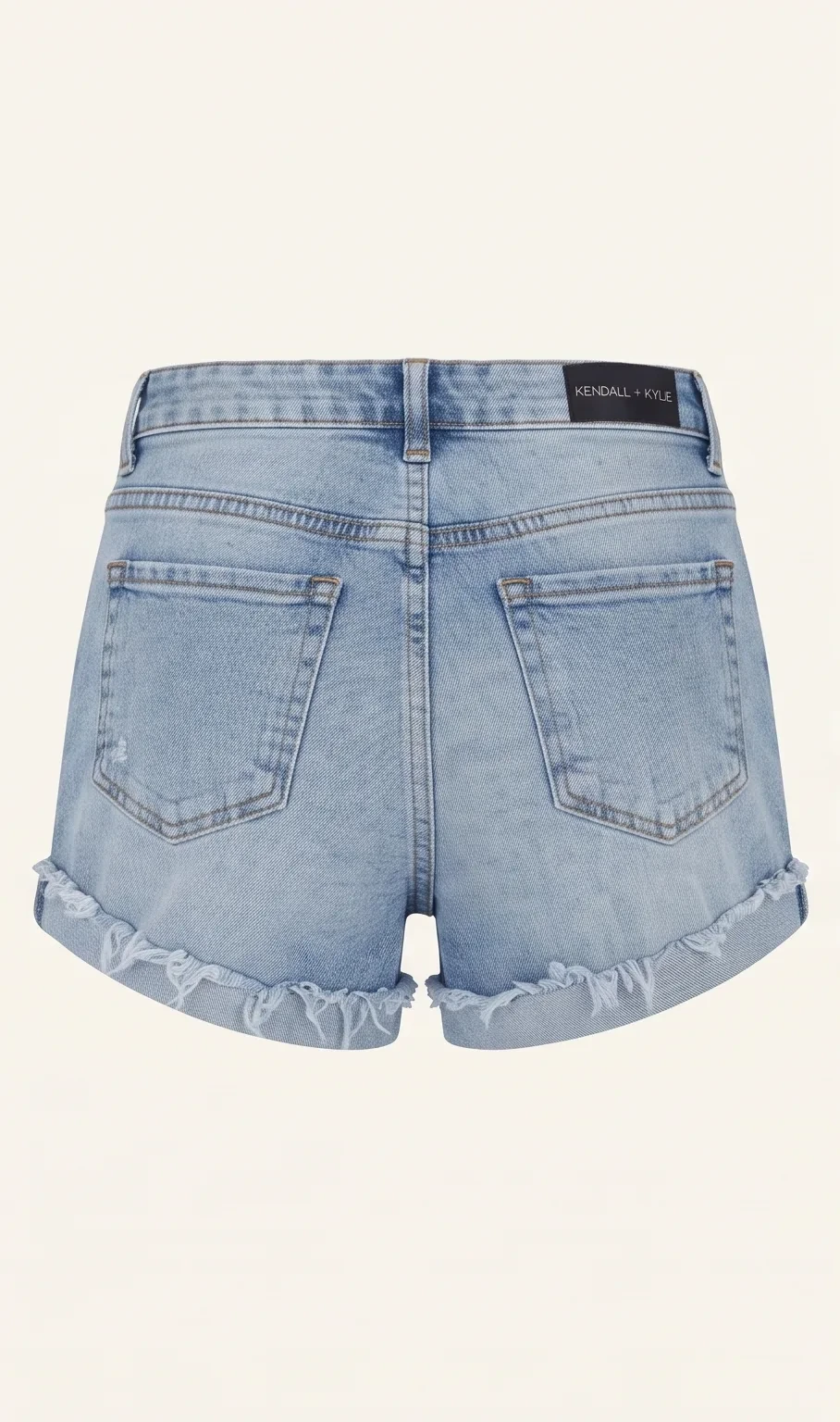 Shredded denim shorts, back view, development reference