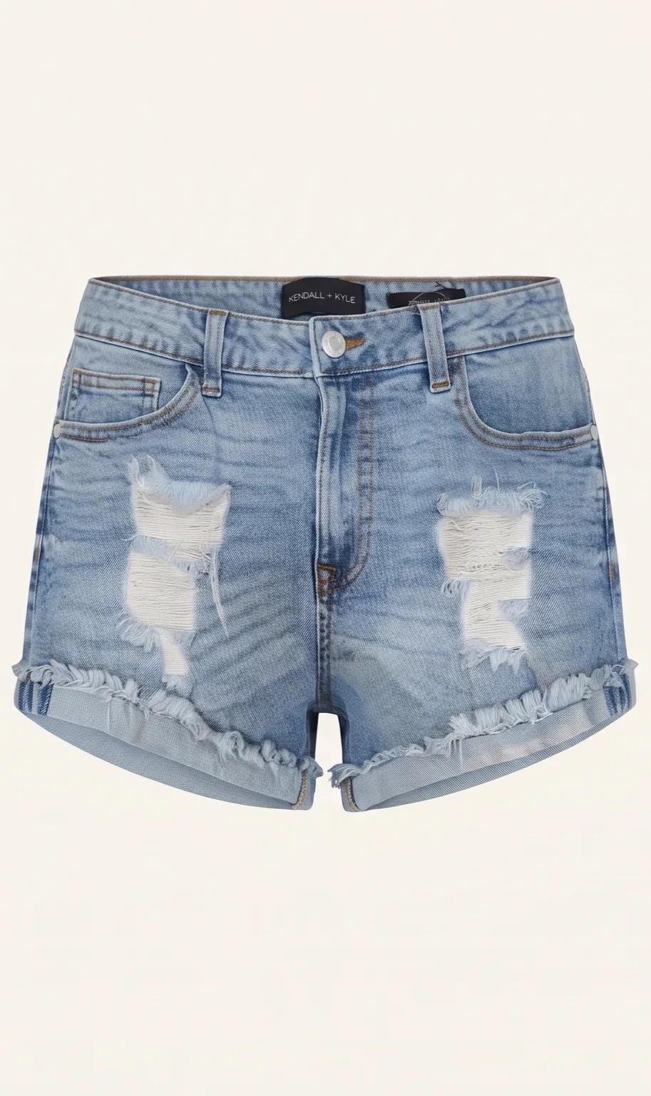 Shredded denim shorts, front view, development reference