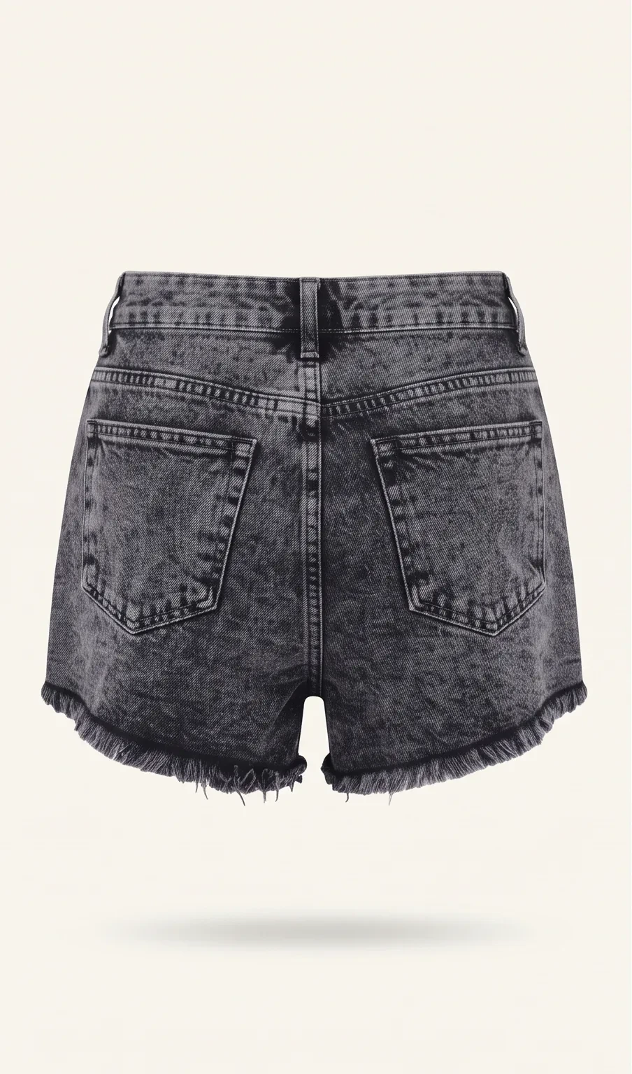 Dark grey acid-wash denim shorts, back view, development reference