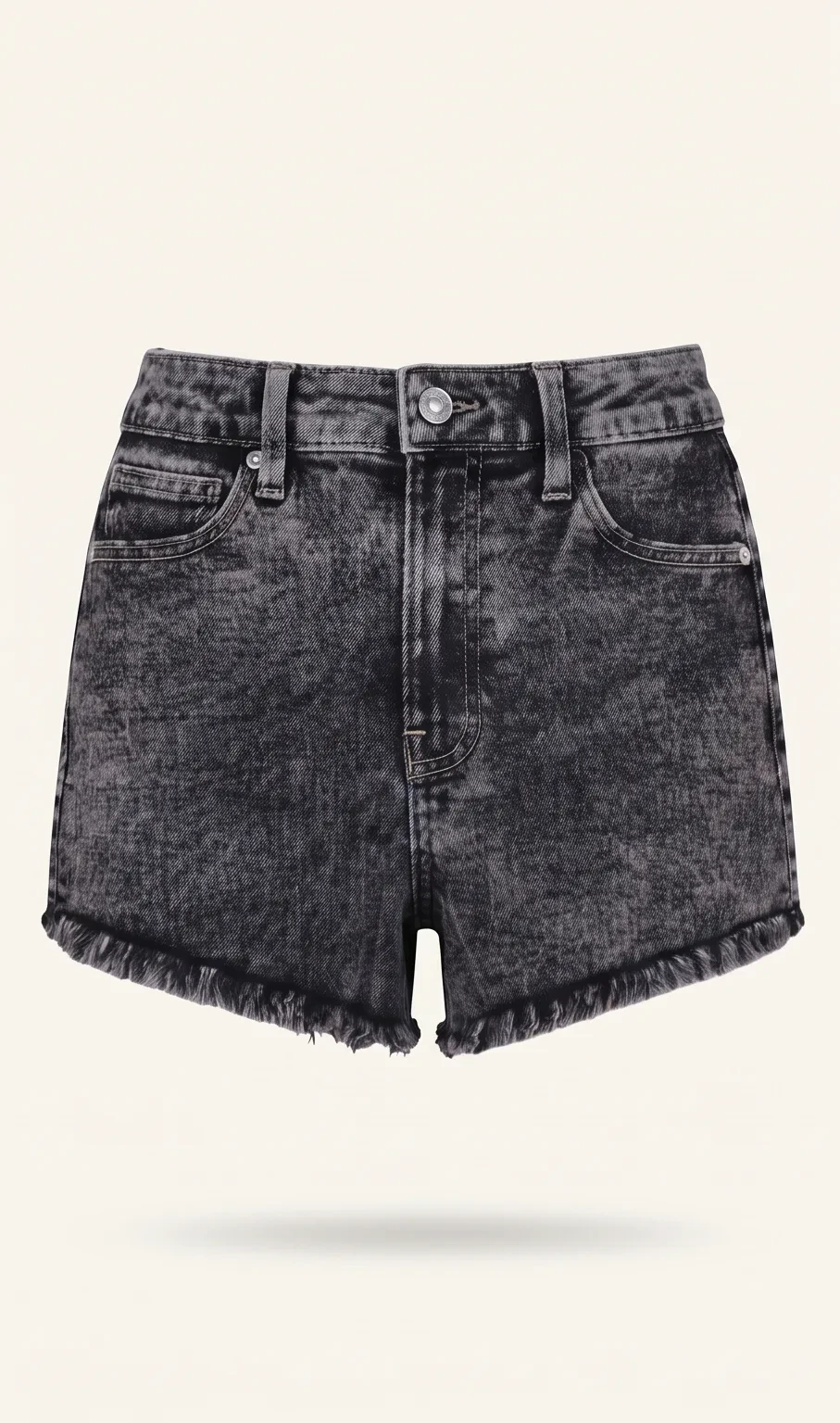 Dark grey acid-wash denim shorts, front view, development reference
