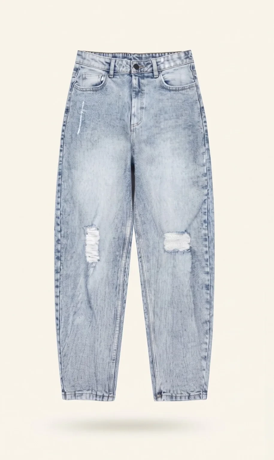 Acid-wash knee-rip jeans, front view, development reference
