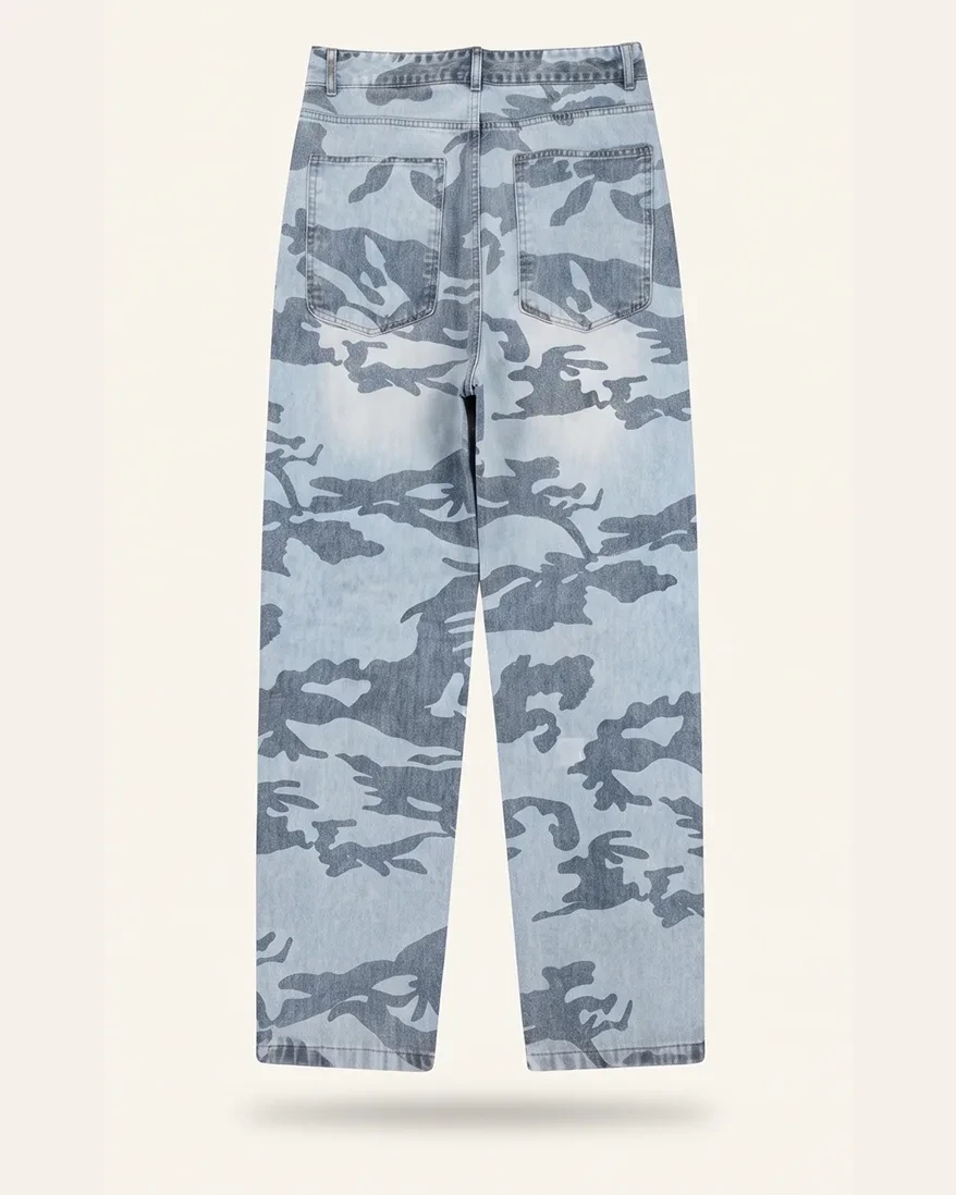 Camo print acid-wash jeans, back view, development reference