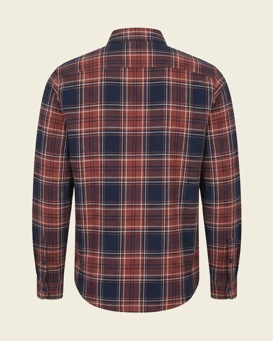Red plaid woven shirt, back view, development reference