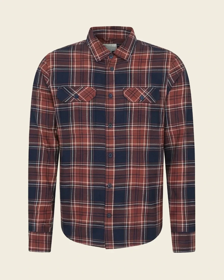 Red plaid woven shirt, front view, development reference