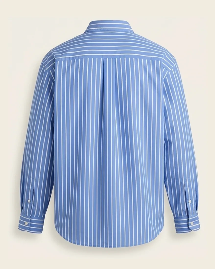 Blue stripe woven shirt, back view, development reference